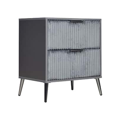 Moko 26 Inch Nightstand, 2 Ribbed Soft Upholstered Drawers, Smooth Gray