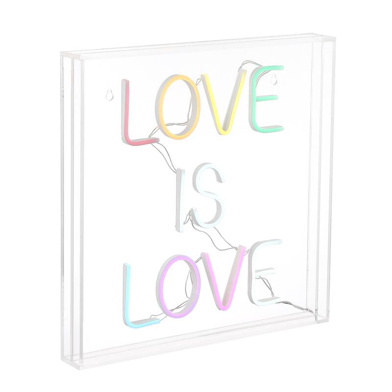 Love Is Love 15" Square Contemporary Glam Acrylic Box USB Operated LED Neon Light, Multi-Colored by JONATHAN Y - 15" - Yellow/White/Pink