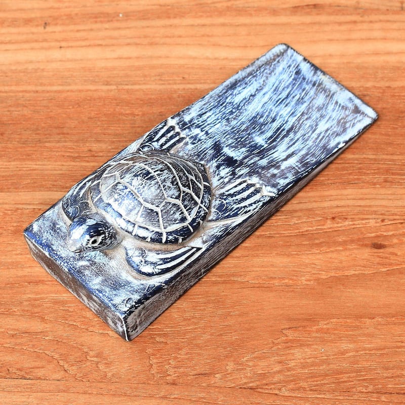 Novica Handmade Whitewashed Baby Turtle Wood Door Stopper - 2" H x 6.5" W x 2.4" D
