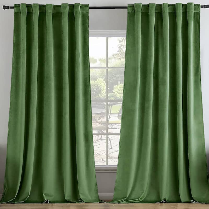 90" Long - 2 Piece Green Velvet Room Darkening Grommet Window Curtain Panel Set - 104" x 90" - 104" x 90" - Green
