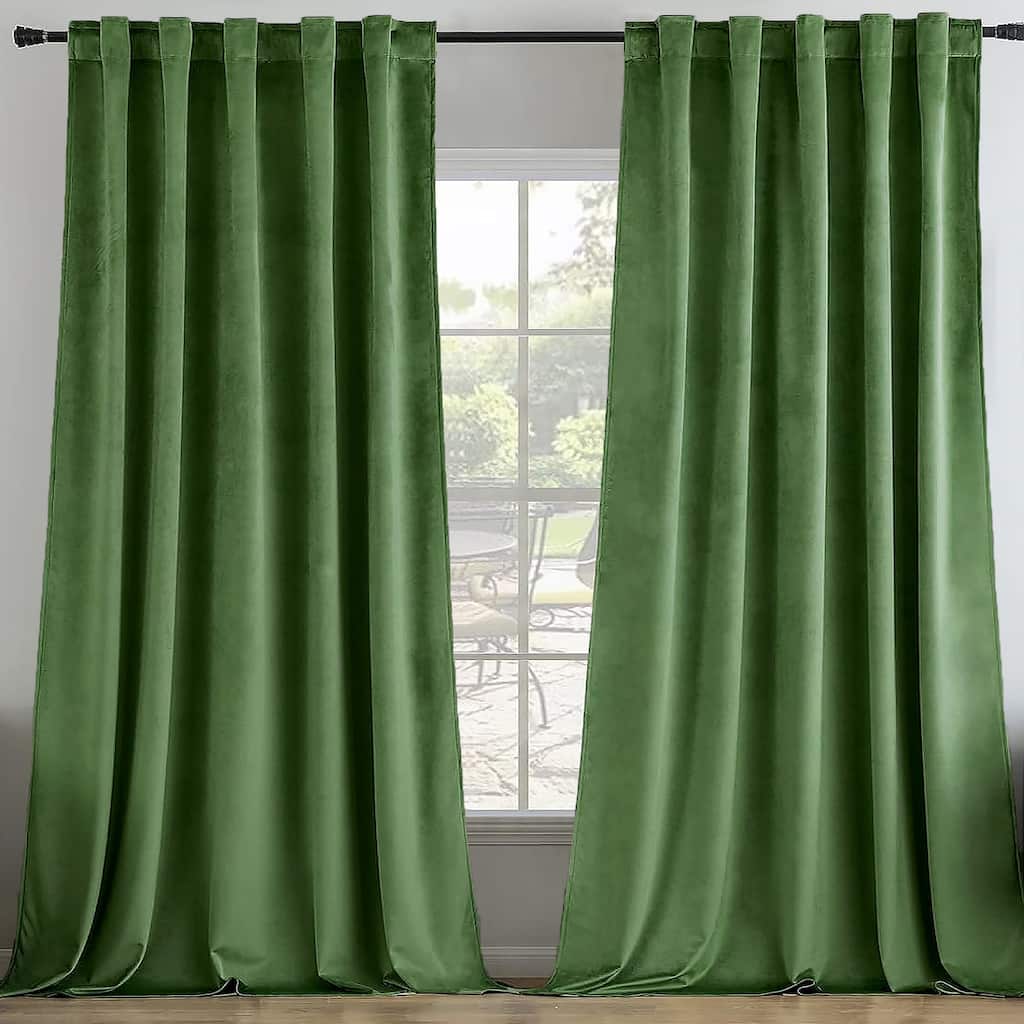 90" Long - 2 Piece Green Velvet Room Darkening Grommet Window Curtain Panel Set - 104" x 90"