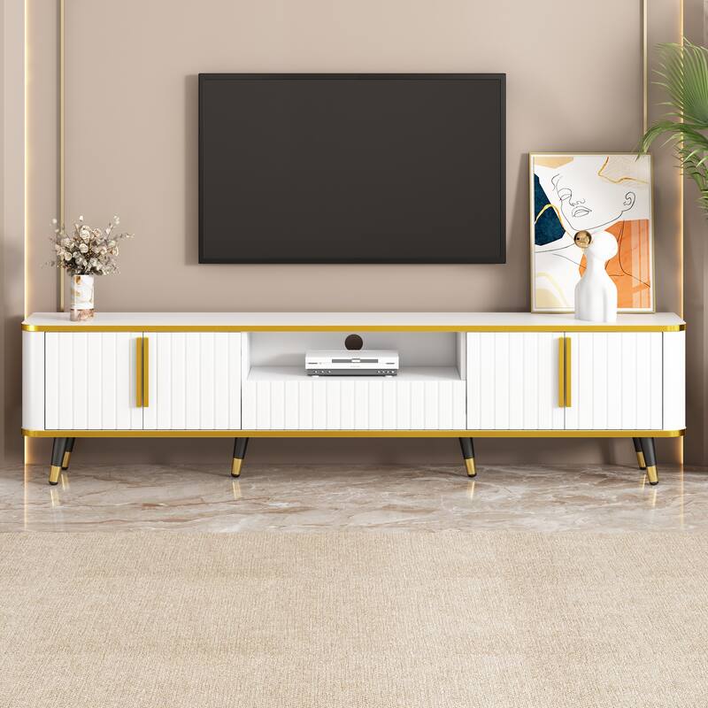 Elegant 79-Inch TV Stand with Ample Storage, Golden Elements, and Sleek Design - Ideal for Large Living Spaces.