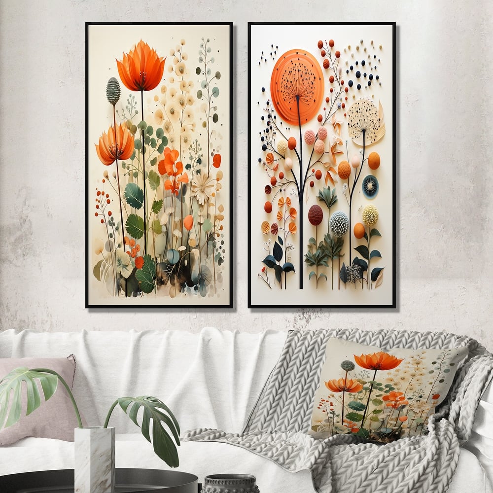 Designart "Colorful Botanical Pointillism" Abstract Botanicals Framed Wall Art Set Of 2 - Wall Set For Home Decor