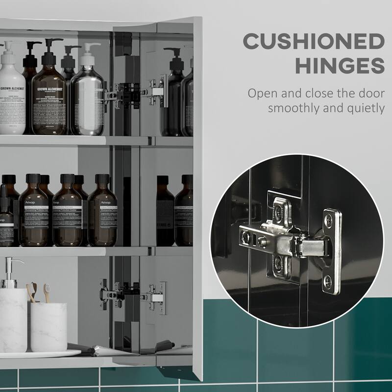 Silver Stainless Steel Bathroom Mirror Cabinet with Three Tier Shelves and Space Saving Design - 21.25" W x 5" D x 23.5" H