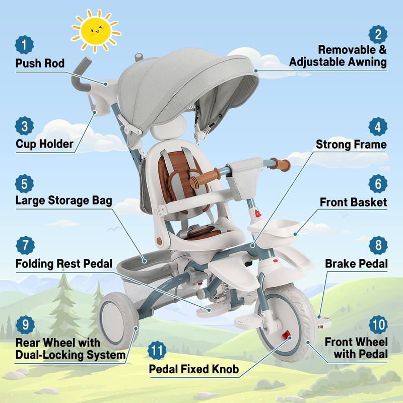 Baby Tricycle, 7 in 1 Folding Toddler Bike w/Removable Adjustable Push Handle