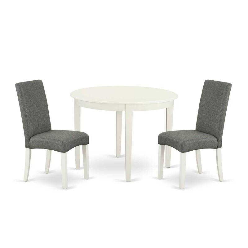 Round Dining Table Set 42" Table w/ 2 Parsons Chairs - Modern Linen White Finish - Gray Fabric