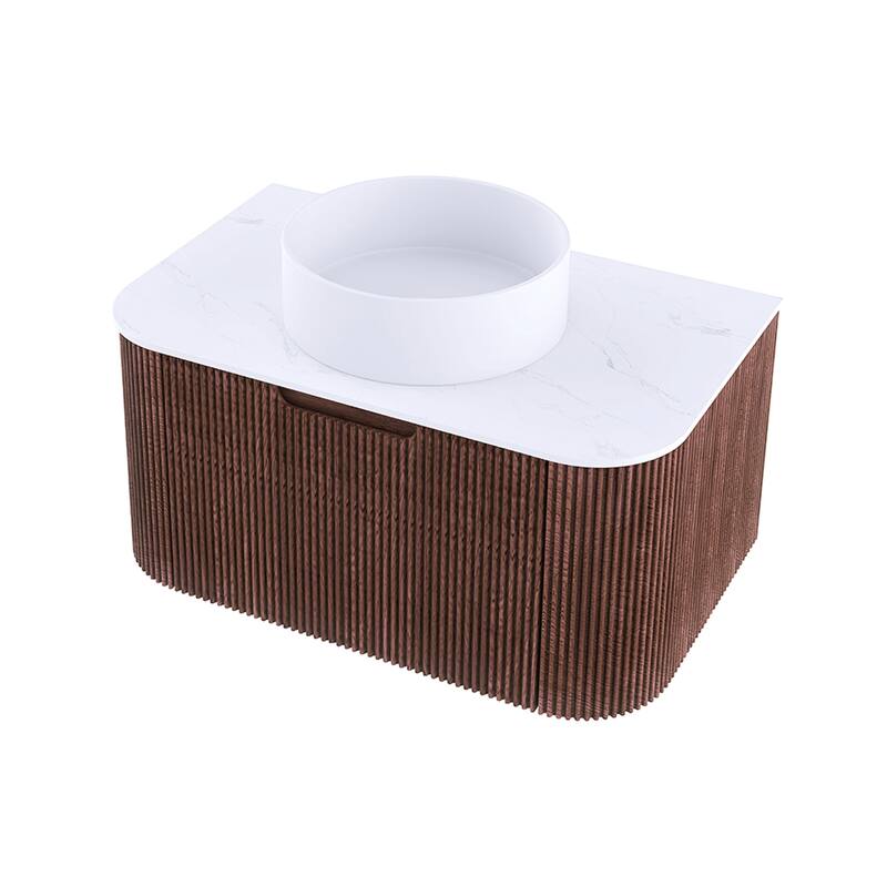 Plywood Wall-Mounted Bathroom Vanity Set with Integrated Ceramic Sink in Natural Wood