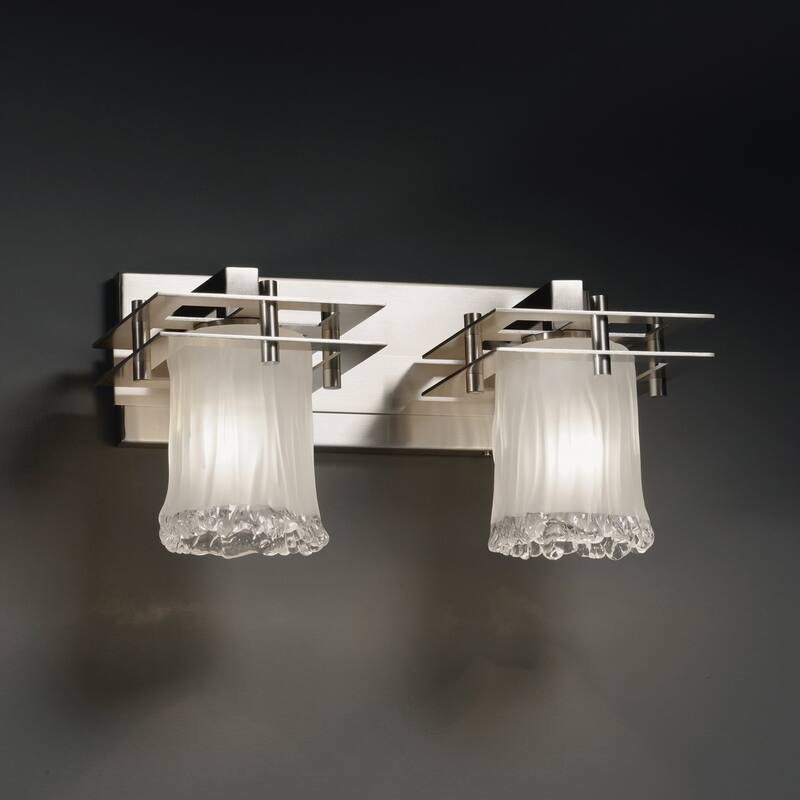 Justice Design Veneto Luce Metropolis 2-light Brushed Nickel Bath Bar, White Frosted Cylinder - Rippled Rim Shade