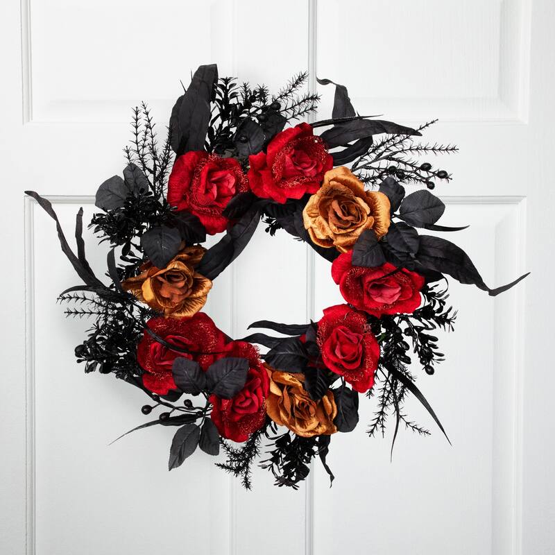 Roses with Mixed Foliage Halloween Wreath - 22" - Red and Gold - Unlit