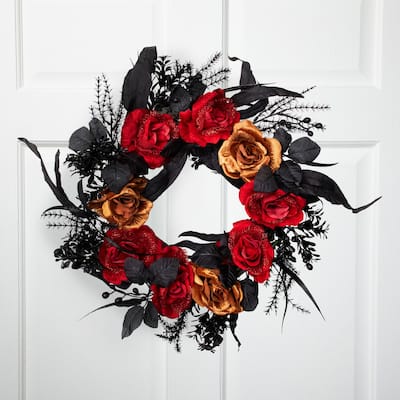 Roses with Mixed Foliage Halloween Wreath - 22" - Red and Gold - Unlit