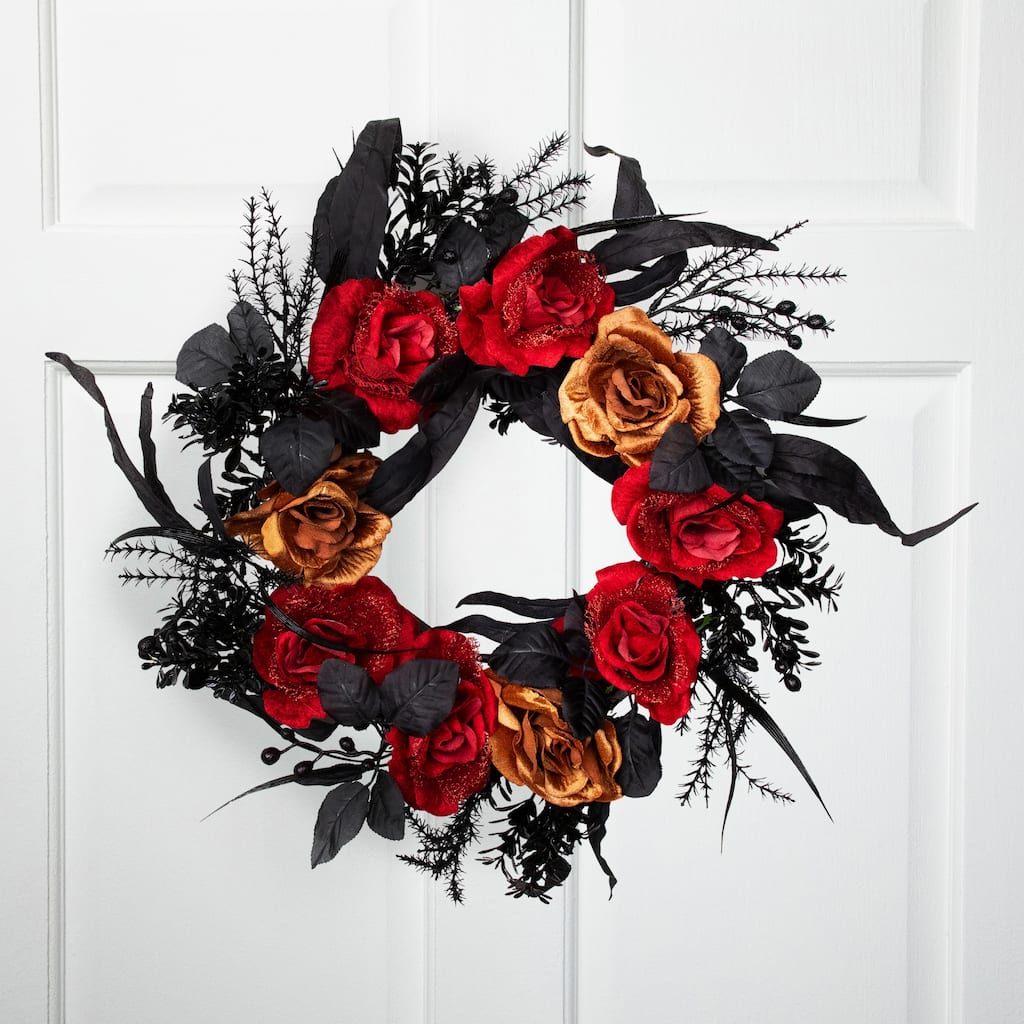 Roses with Mixed Foliage Halloween Wreath - 22" - Red and Gold - Unlit
