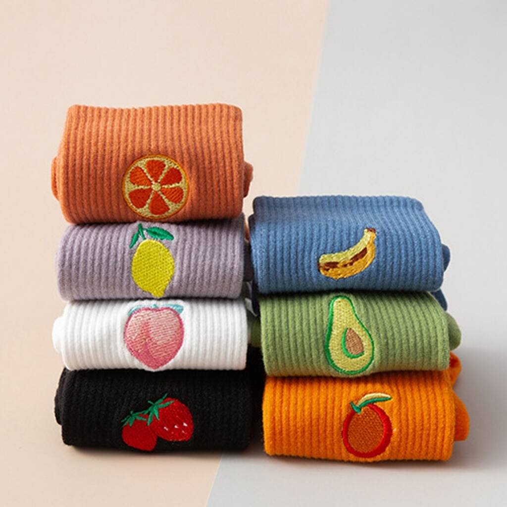 1 Pair Women Socks Fruit Embroidery AntiSlip Solid Color Breathable Soft Keep Warm Stretchy Preppy Style Mid Tube Socks
