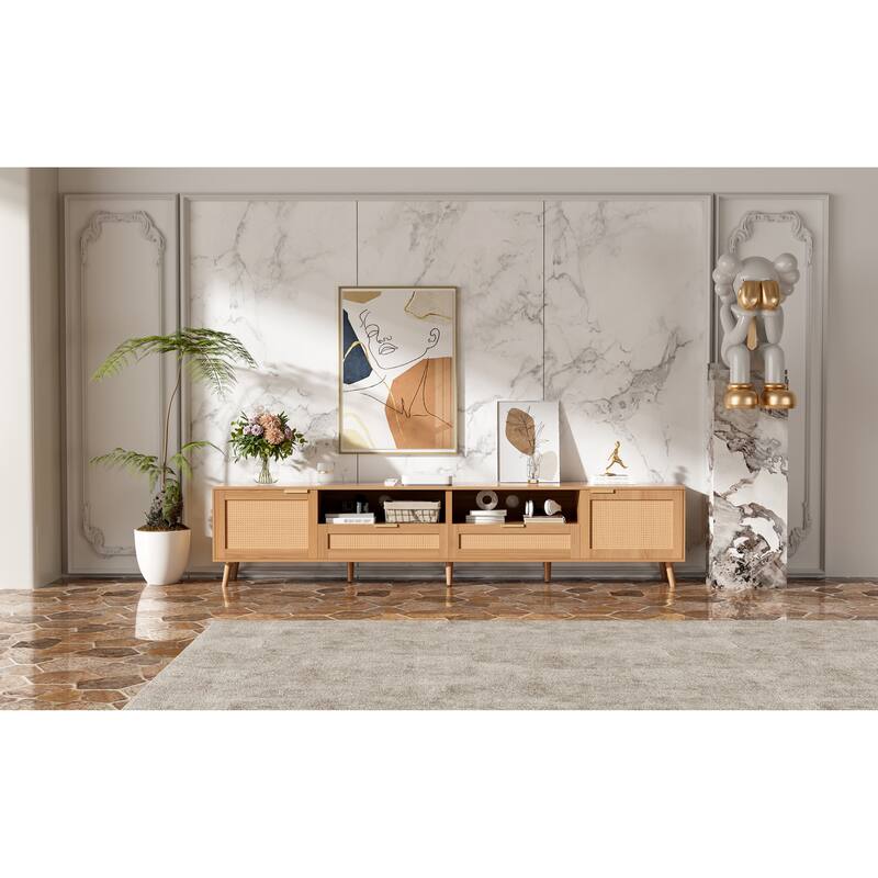 Roomfitters Rattan TV Stand for TVs up to 90 Inch, Modern Farmhouse Media Console with Solid Wood Legs, Walnut