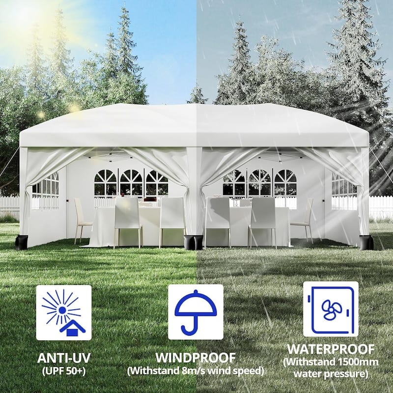 10X20 Ft Instant Waterproof Portable Pop-Up Canopy Tent with 4 Sidewalls for Outdoor Camping, Beach, Backyard