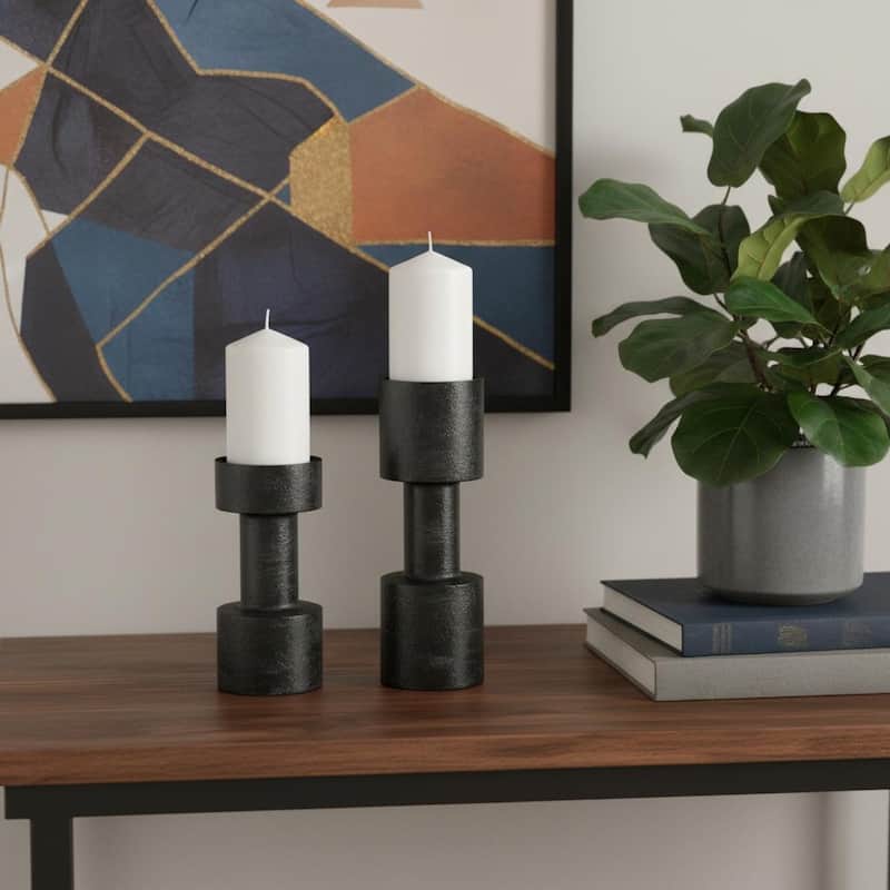 Set of Two Black Distressed Metal Tabletop Pillar Candle Holders - Black