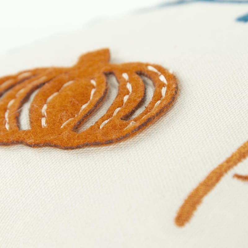 HomeRoots 20" Ivory Blue and Orange Thanksgiving Cotton Pillow With Applique, Embroidery Edges