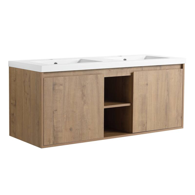 48 Inch Plywood Wall-Mounted Bathroom Vanity Set in Imitative Oak with Integrated Double Resin Sink