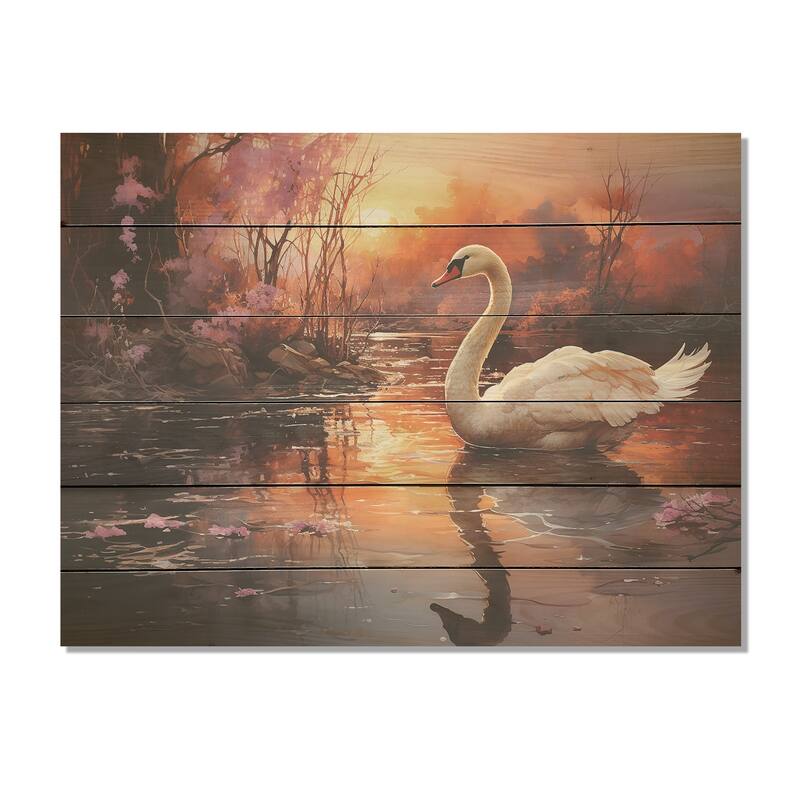 Designart "Mystic Dawns Swan" Swans Wood Wall Decor - Modern Pink Wood Panel On Natural Pine Wood
