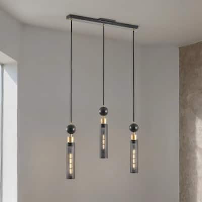 3-Light Adjustable Industrial Black Chandelier with Gold Pendant, 25"