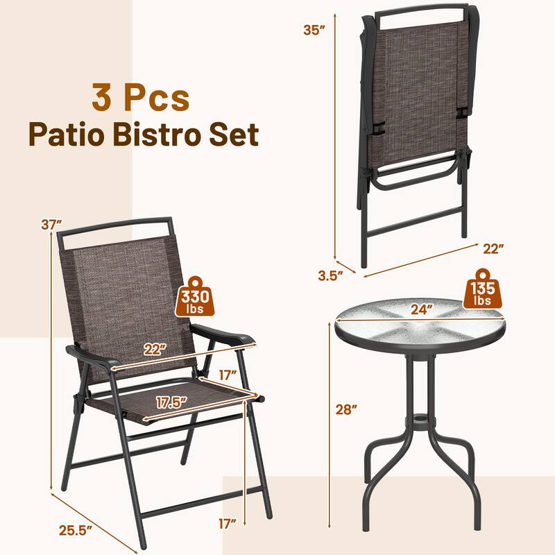 Gymax 3 PCS Outdoor Bistro Dining Furniture Set w/1.57'' Umbrella Hole