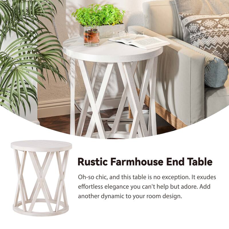 COZAYH Farmhouse End Table, Rustic Round Coffee Table with X-Motifs Legs, Wood Textured Top for Boho, French Country Decor