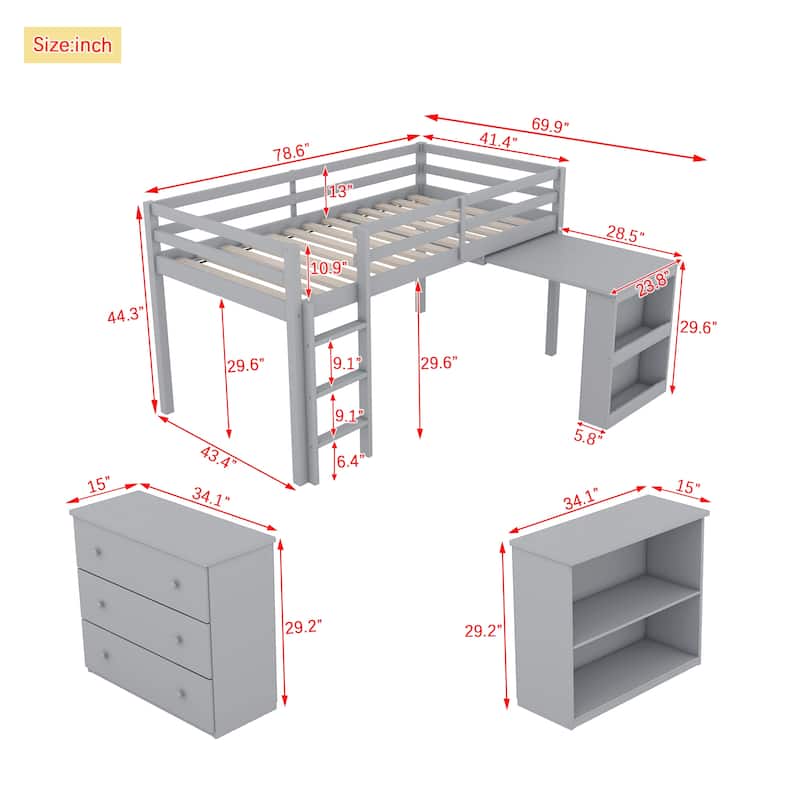 Twin Size Low Loft Bed with 3 Drawers,Shelf Cabinet and Pull Out Desk