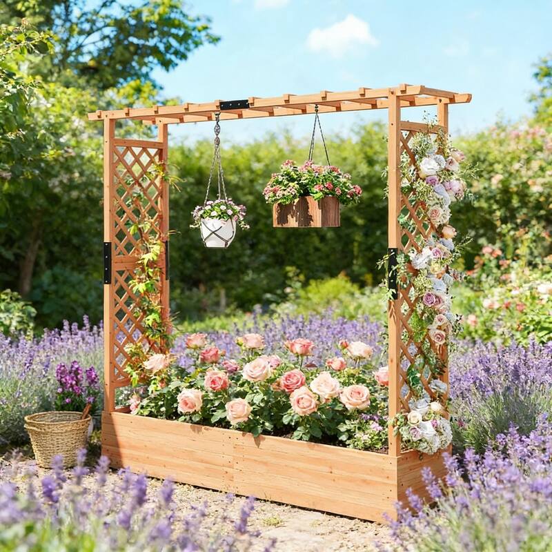 Raised Garden Planter with Trellis and Drainage for Flowers Vegetables