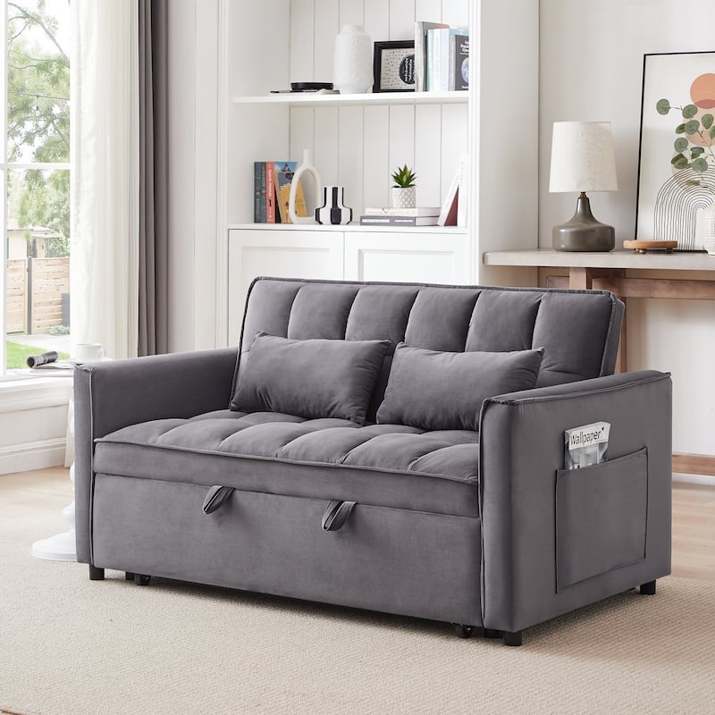 55.1-inch 3-in-1 convertible sofa bed, modern velvet double sofa Futon sofa bed with adjustable back, storage bag and pillow