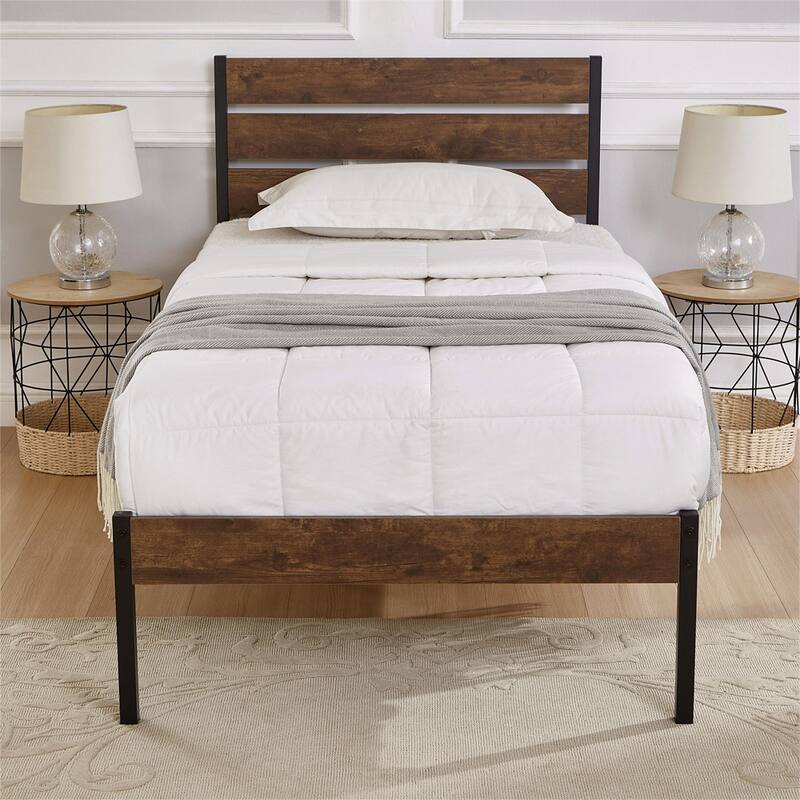 Wood Platform Bed Frame with Headboard and Metal Frame