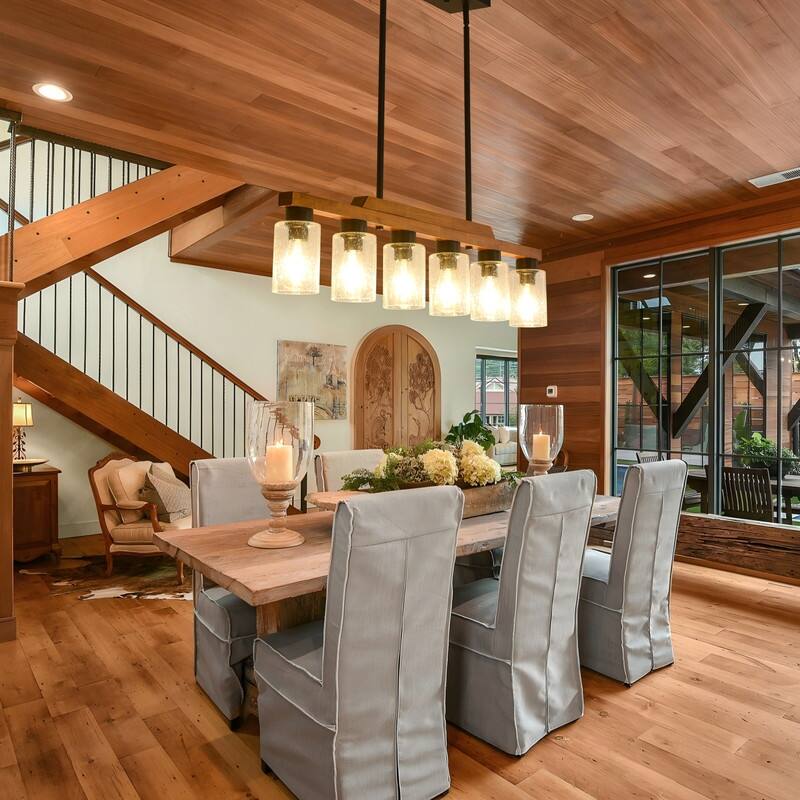 Farmhouse Chandelier for Dining Room Kitchen Island Rustic Wood Linear Pendant Light with Seed Glass Shade