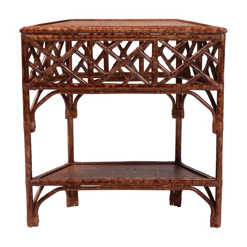 Gaspar Marbled Tortoise Natural Rattan Console Table - Handcrafted Accent Table with Chippendale Design, Coastal Tropical Style