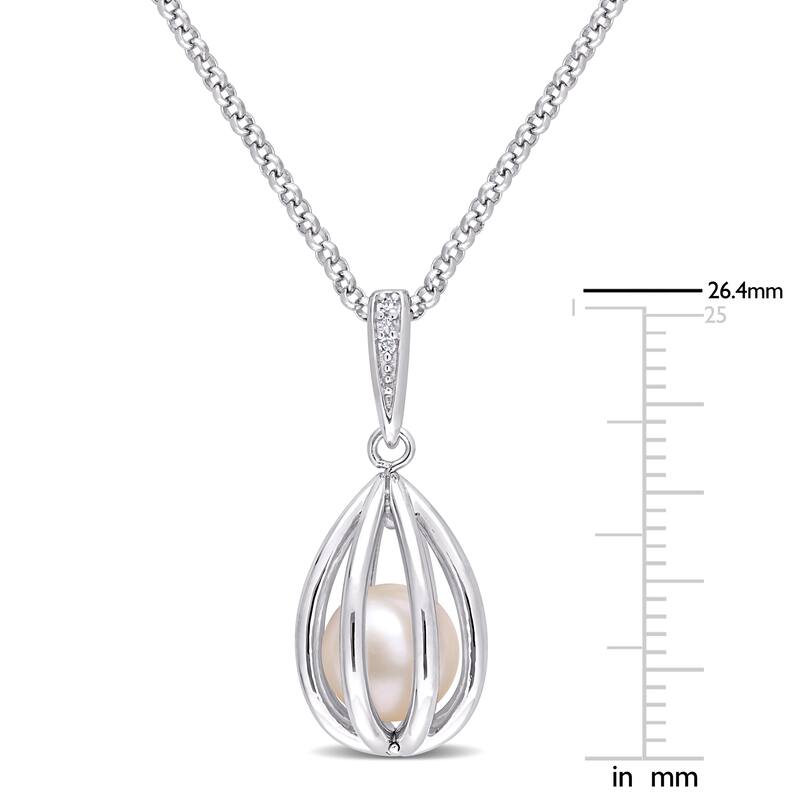 Miadora Cultured Freshwater Pearl and Diamond Accent Cage Drop Necklace in Sterling Silver (8-8.5mm)