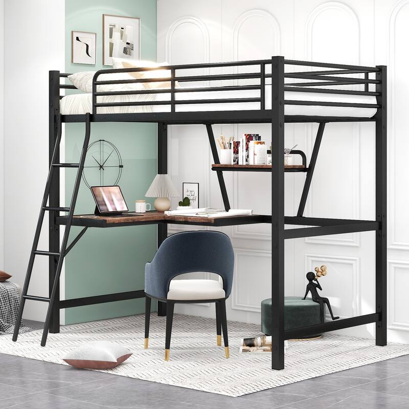Full/Twin Size Loft Bed, Sturdy Metal Frame with Desk & Storage Shelf - Black - Twin