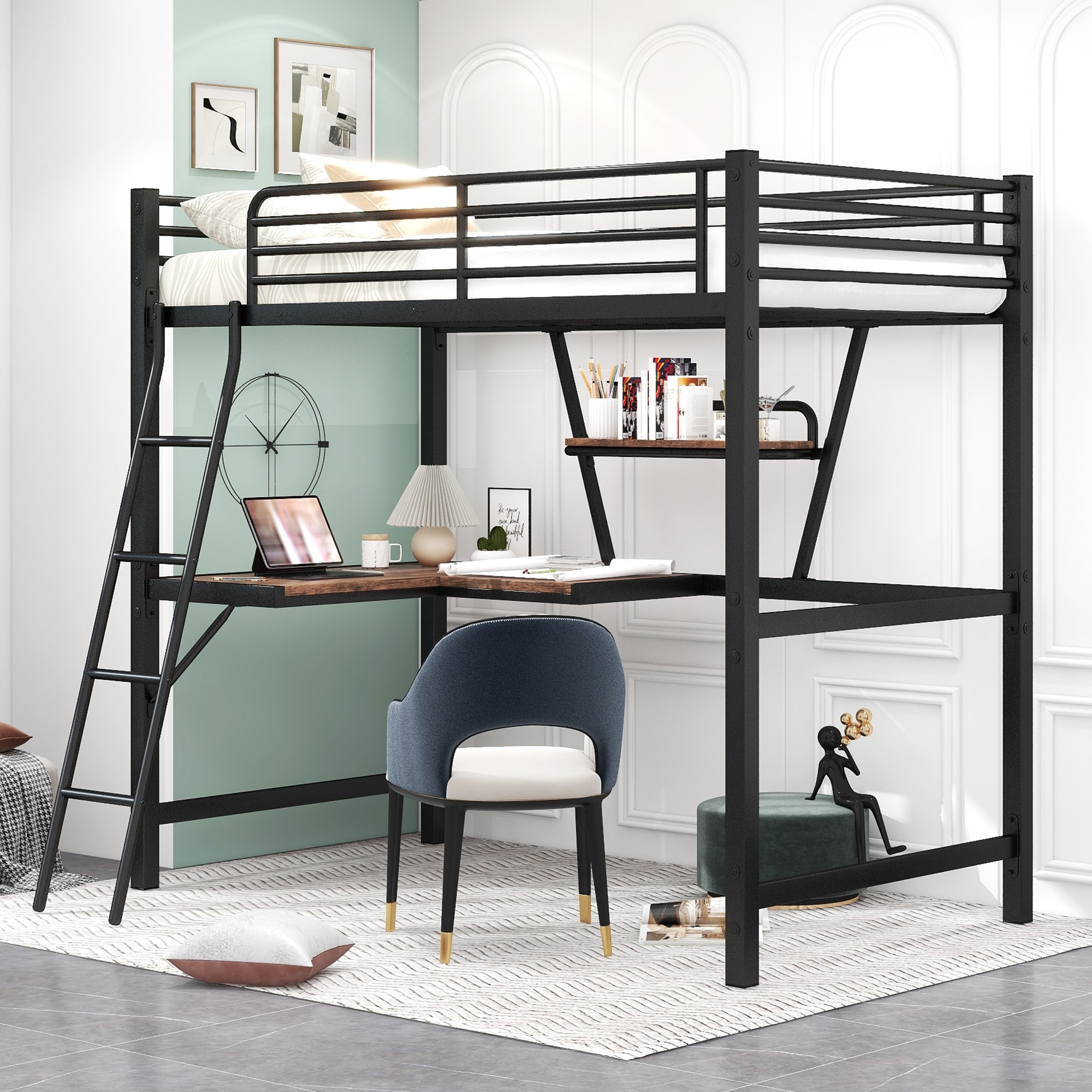 Space-Saving Twin Loft Bed with Built-in Desk and Shelf, Black Metal Frame