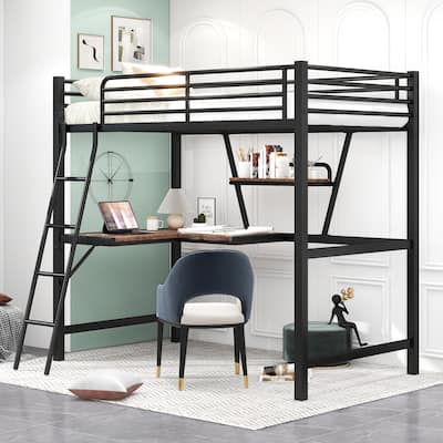 Twin Metal Loft Bed with Desk and Guardrail