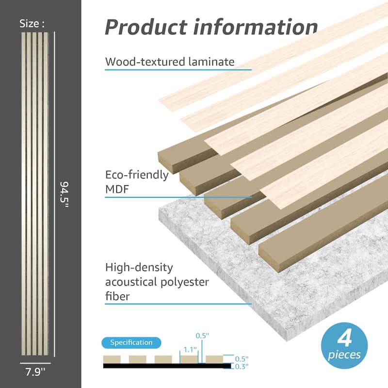 Art3d 7.9 x 94.5in Acoustic Wall Panels,Wood Slat Wall Panel for Wall and Ceiling,4pcs