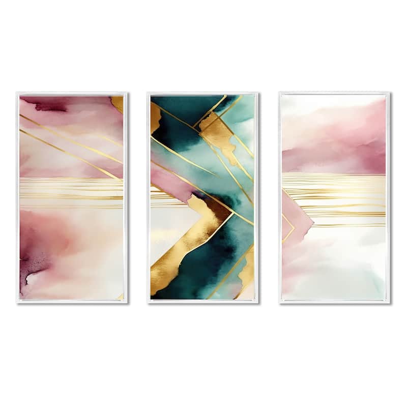 Designart "Abstract Geode Geometric Pink And Green III" Modern Geometric Framed Canvas Art Print - 3 Panels