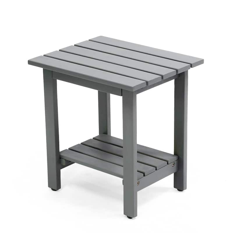 Kellie 16.1" Slatted Solid Acacia Wood Indoor/Outdoor Side Table with Shelf, By JONATHAN Y - Gray