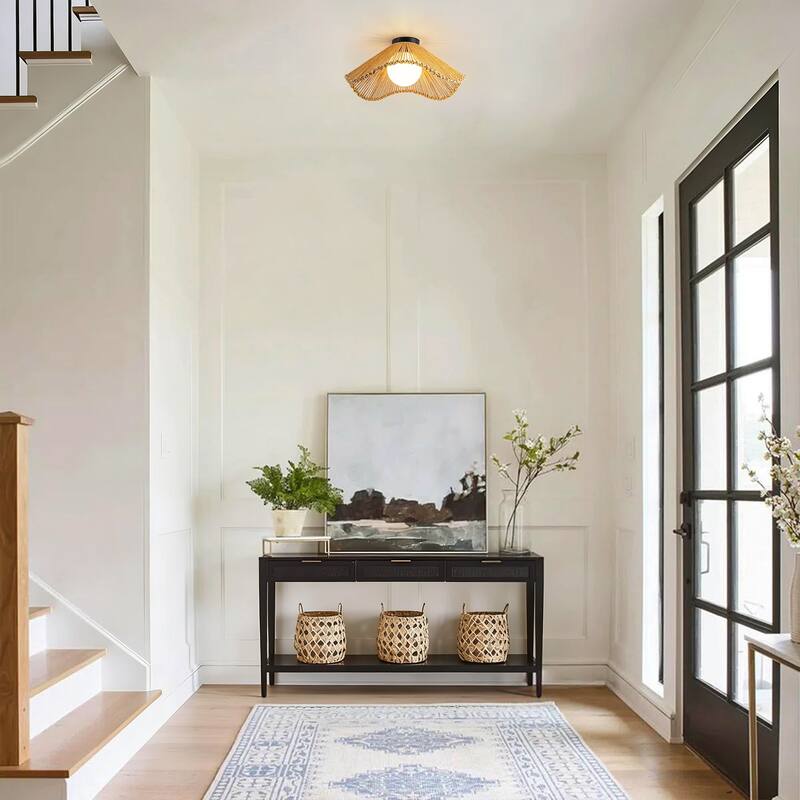 1-Light Boho Jute Rope Flush Mount Ceiling Light - Scalloped Natural Fiber Fixture for Bedroom - 1 Light