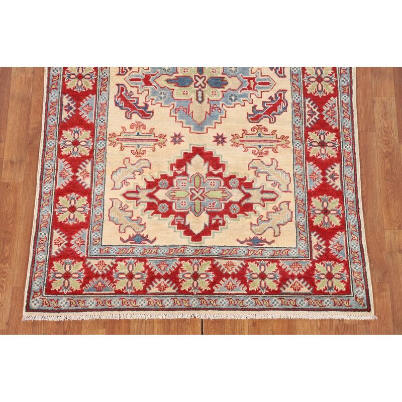 Kazak Oriental Area Rug Handmade Beige Geometric Wool Carpet - 4'0" x 6'5"