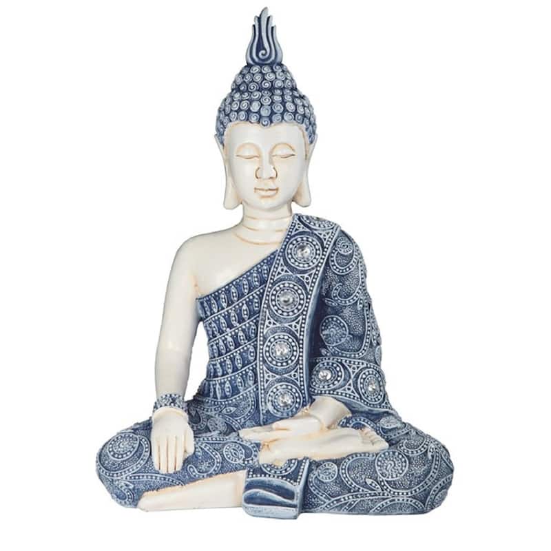 Q-Max 11"H Blue and White Earth Touching Buddha Statue Feng Shui Decoration Religious Figurine