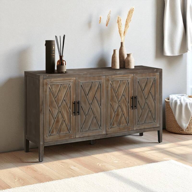 60" Farmhouse 4-Door Wood Accent Sideboard Buffet Cabinet with Adjustable Shelf for Kitchen and Entryway.
