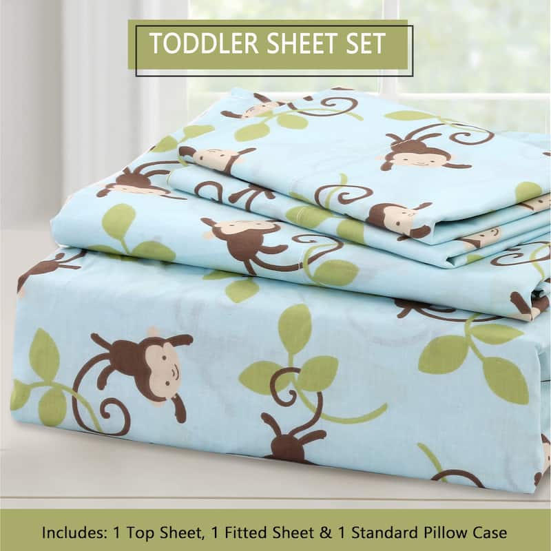3-Piece Cotton Toddler Sheet Set for Kids Boys & Girls (Animals, Fish, Sports, Floral)