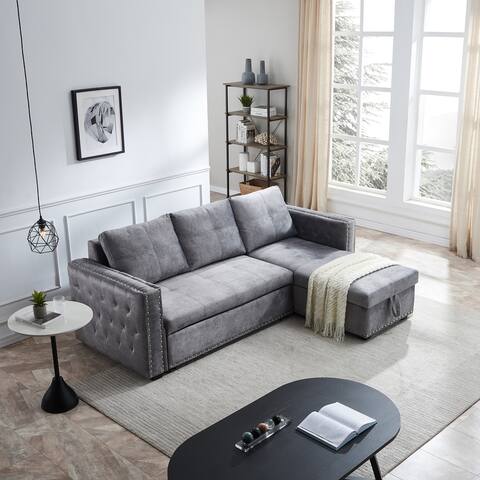 Sectional Sofa with Pulled out Bed 2 Seats Sofa and Reversible Chaise with Storage Both Hands with Copper Nail Decoration