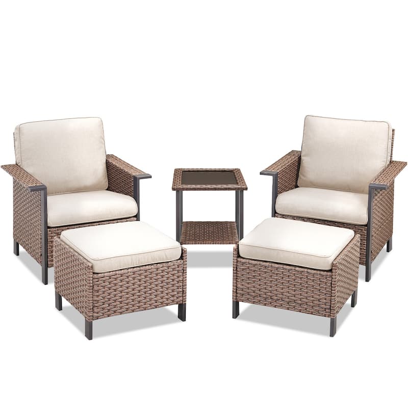 Pocassy Outdoor Wicker 5-Piece Patio Chair Table with Ottoman