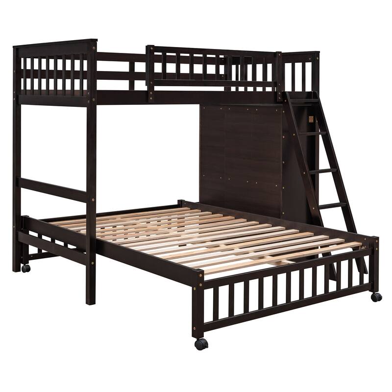 Twin Over Full Bunk Bed with Drawers, Shelves, and Wheels, Espresso Finish