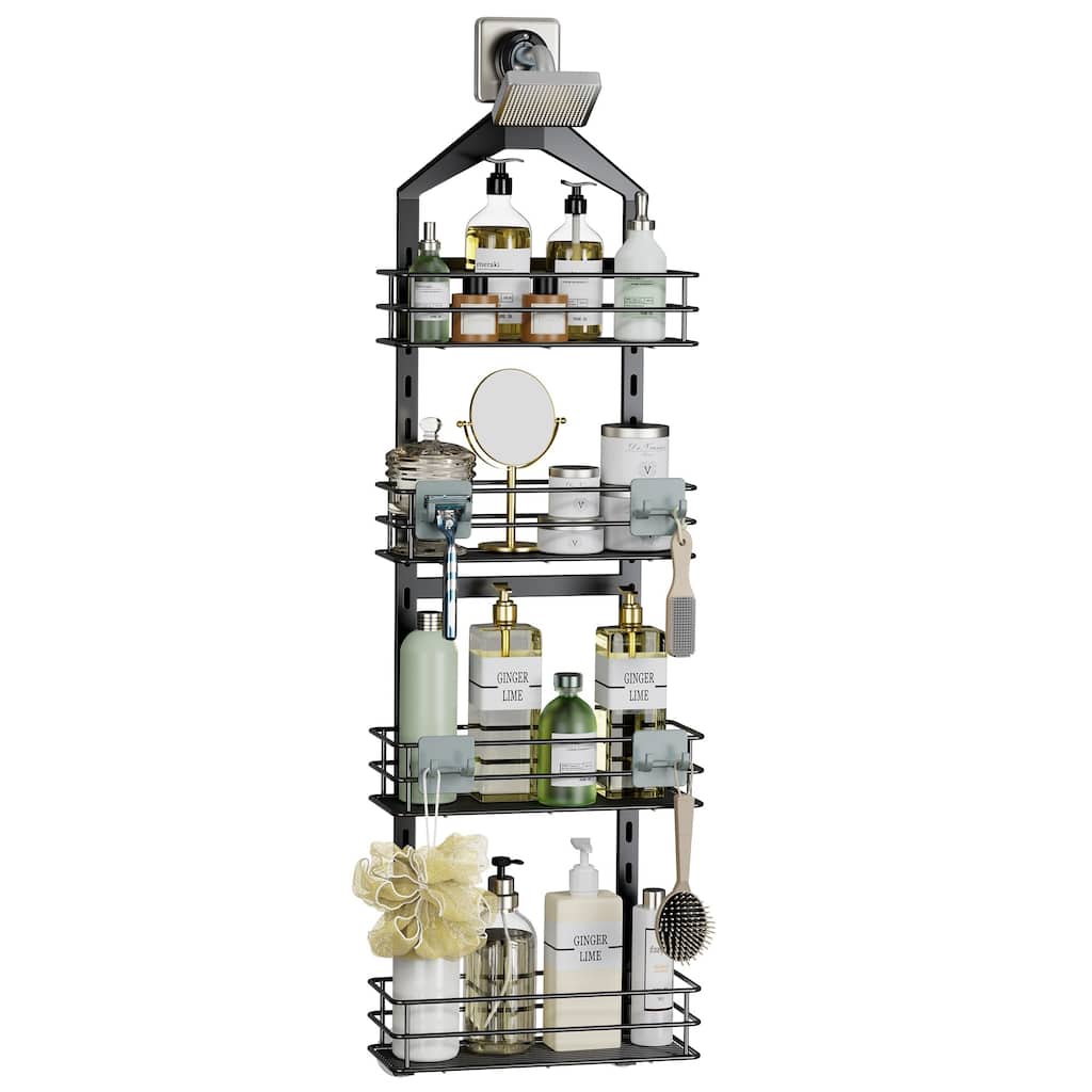 Adjustable Anti-slip Hanging Shower Caddy over Shower Head,Rustproof Bathroom Hanging shower Organizer with 4 Hooks for Razor