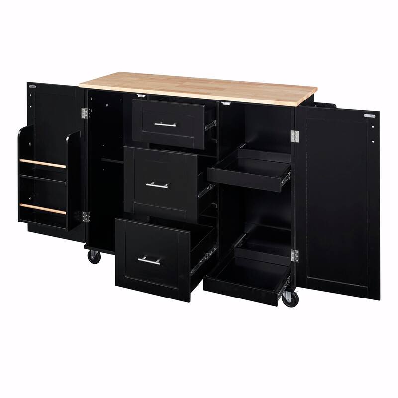 Rolling Kitchen Island with Rubber Wood Top, Drawers, Shelves, Internal Storage, Wheels, Spice & Towel Racks