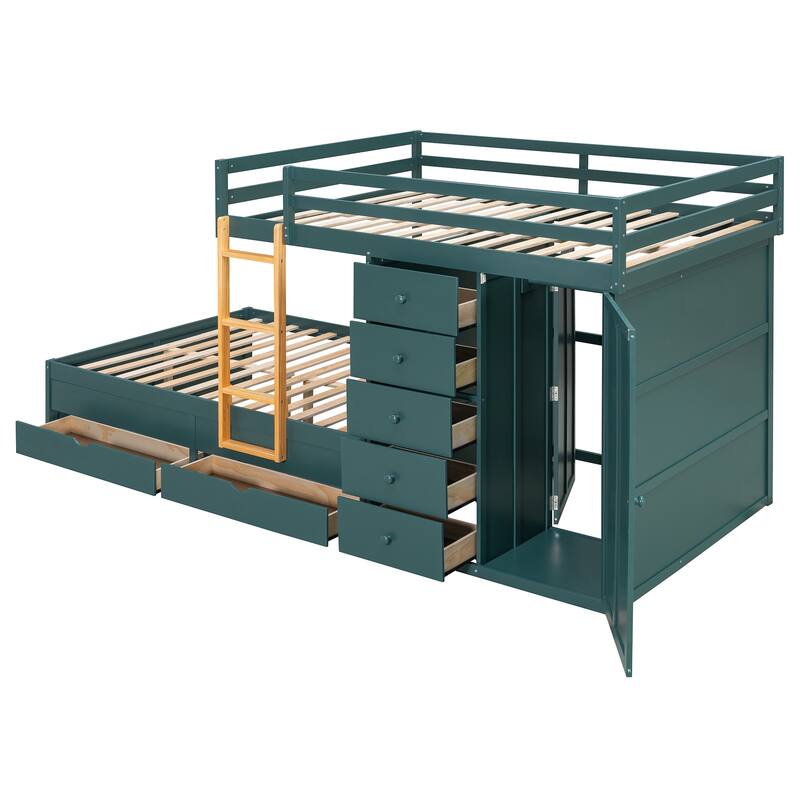 Full Size Bunk Bed with Storage - 2 Large & 5 Small Drawers, Small Wardrobe, MDF & Solid Wood