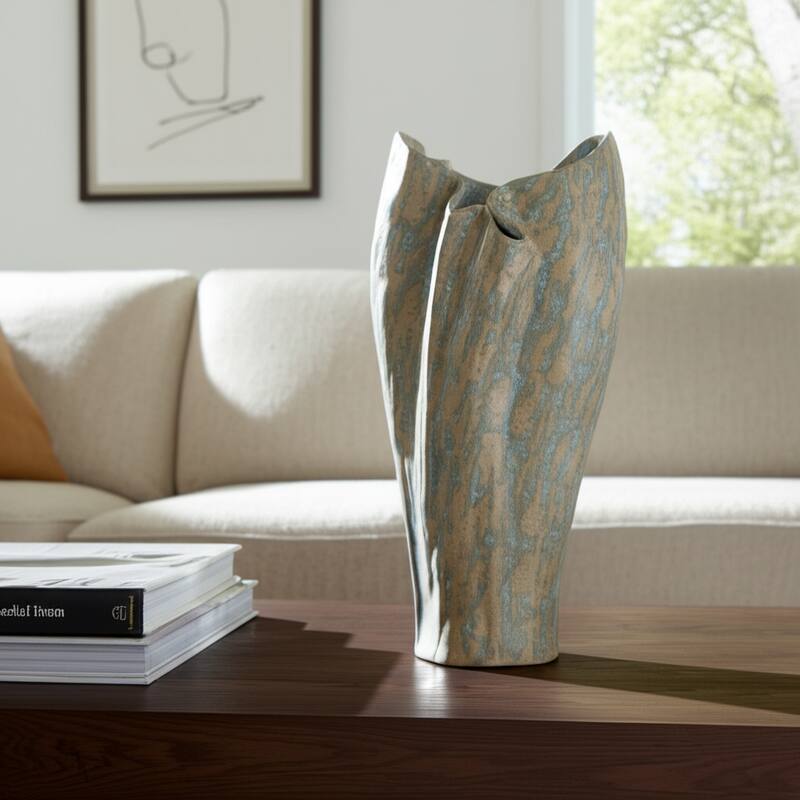 Ceramic Decorative Vase with Textured Wavy Design Modern Home Accent